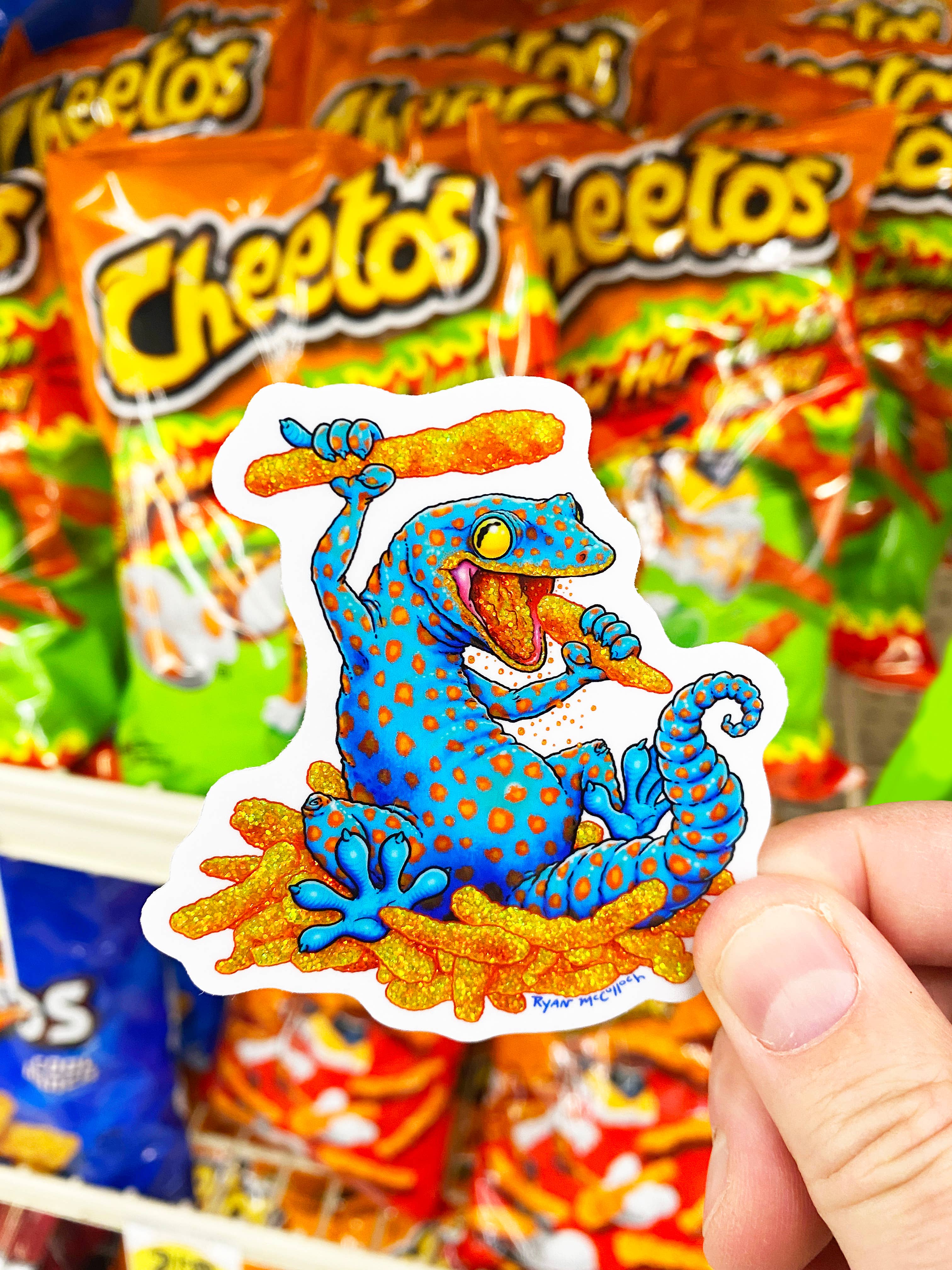 Ryan McCulloch Art - Wholesale Sticker - GLITTER STICKER: Cheeto Gecko