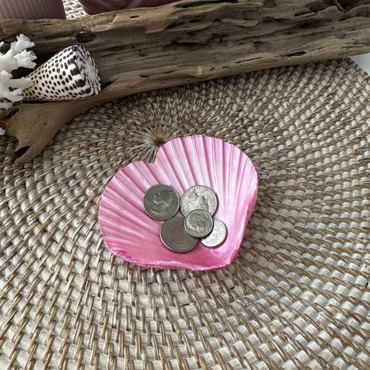 Salty Sea Company - Wholesale Keychain - Women's - Pink Painted Heart Shaped Scallop Shells - Set of 6