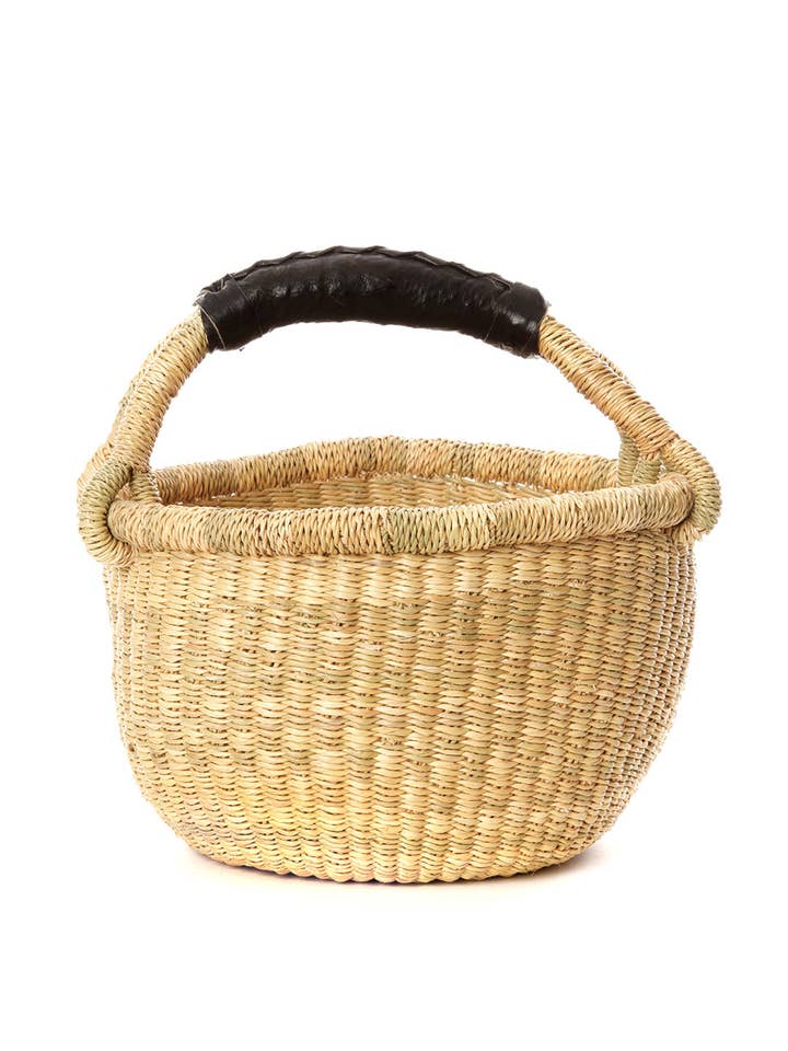 Natural Baby Ghanaian Bolga Basket with Black Leather Handle for wholesale by Swahili | AFRICAN MODERN