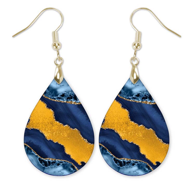 Blue and Gold Honeycomb Indigo Dangle Earrings for wholesale by The Painted Pug