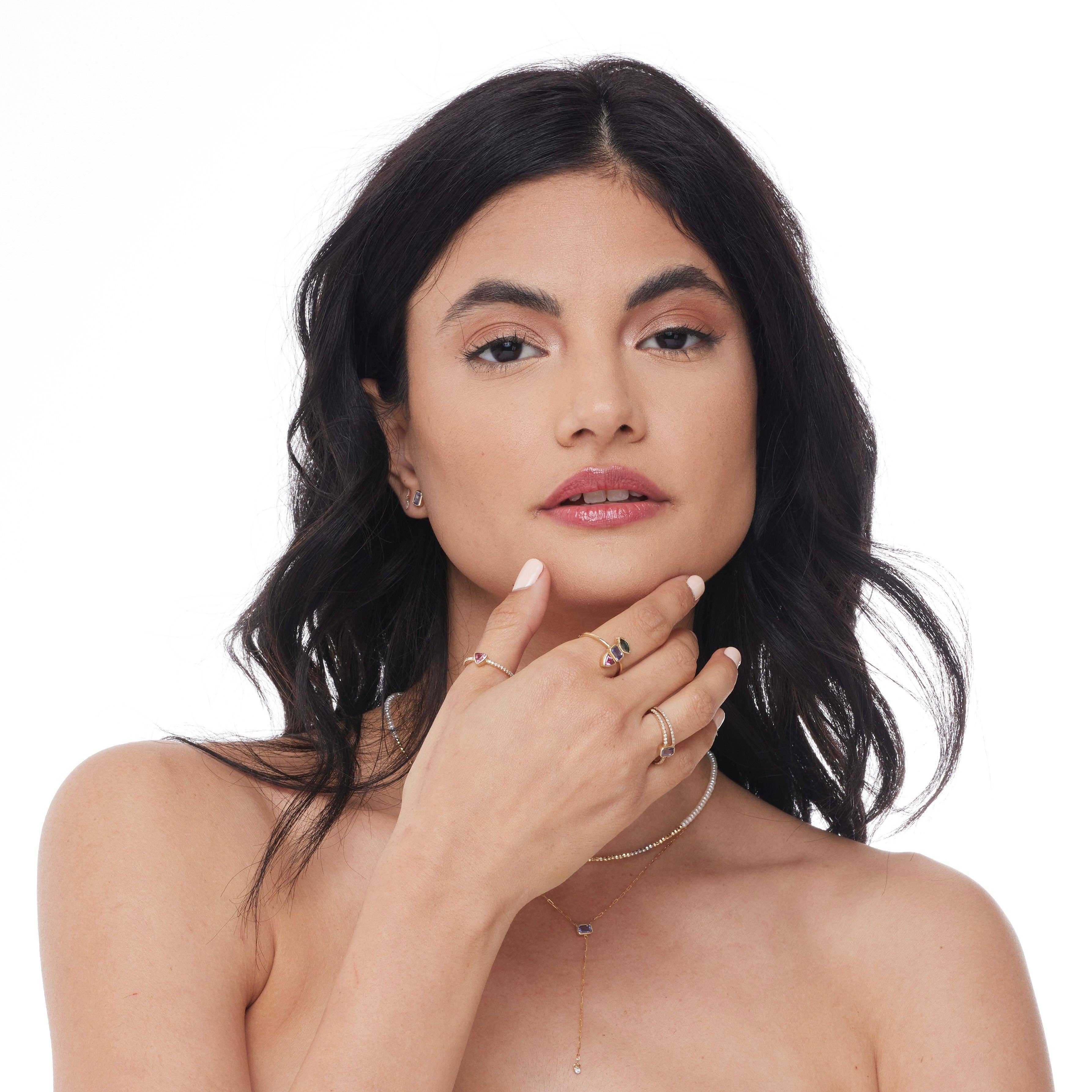 Elliot Young Fine Jewelry - Wholesale Multi-Stone Ring - 14K Yellow Gold Skinny Diamond Eternity Band With Edge Gemstone: Tanzanite1