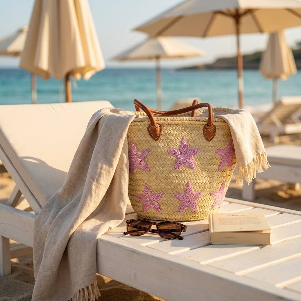 Melecraft – wholesale Strandväska – Rosa Paljettstjärna Stråmarknadskorg - Boho Strandväska3