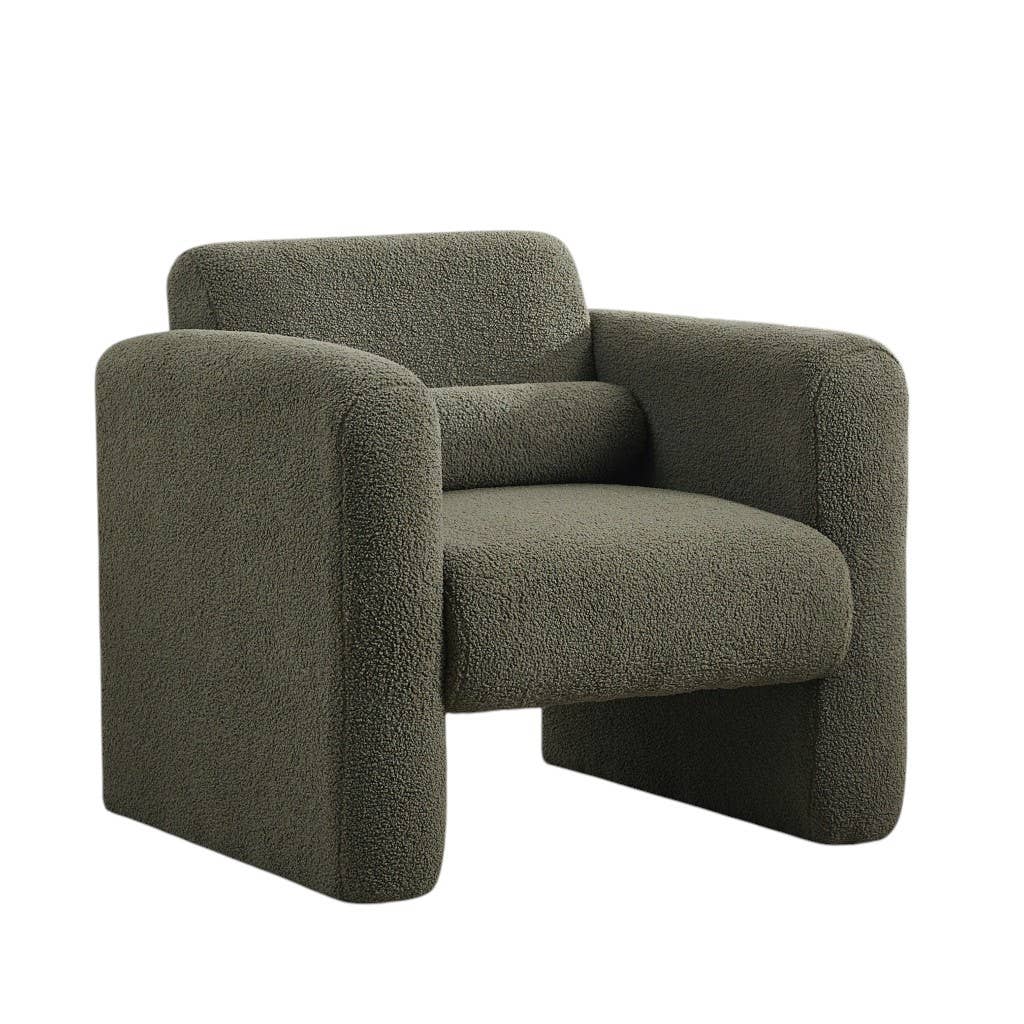 HomeRoots - Vente Chaises - Fauteuil rembourré en bouclé vert olive de 31" avec coussin décoratif3