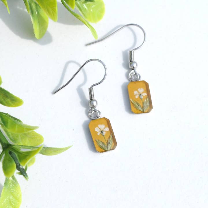 Pressed Flower Tiny Rectangle Earrings for wholesale by My Beverly Jewelry