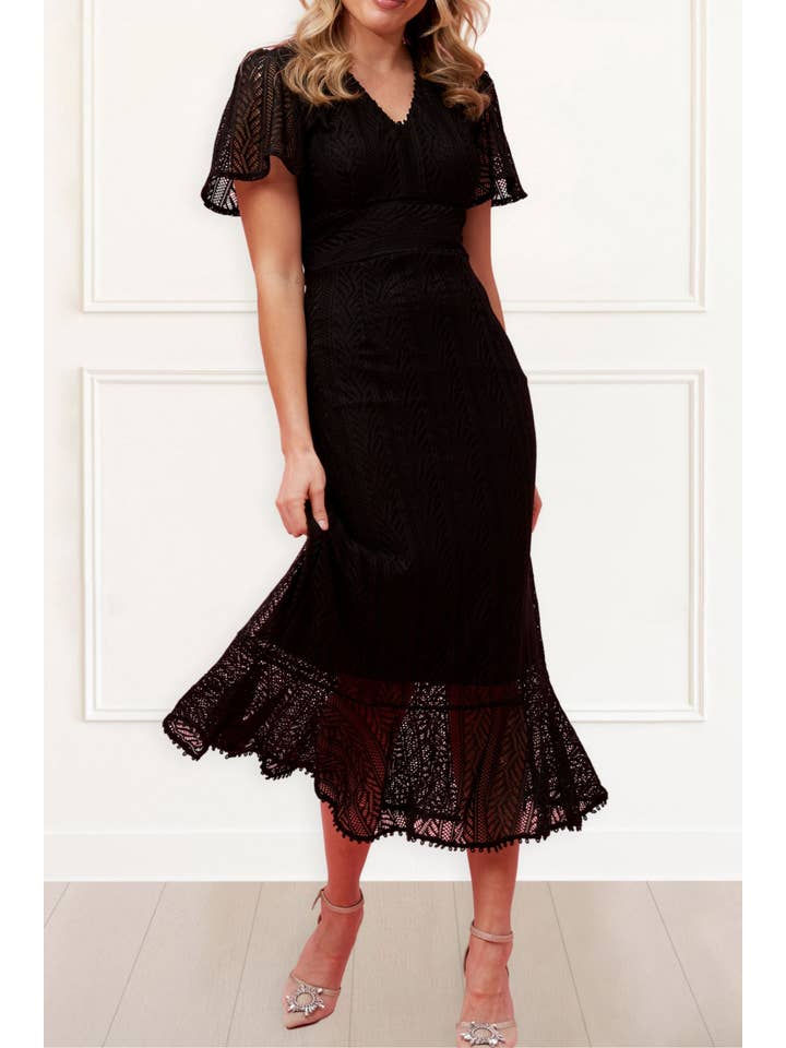 Black Bonnie Crochet Knit Midi Dress Lining Short Sleeves for wholesale on Faire