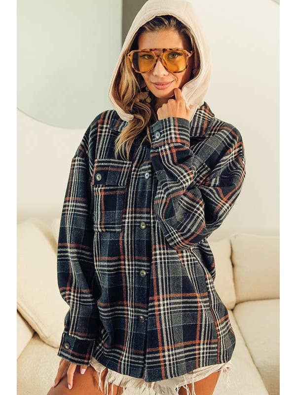 Vanilla Monkey - Wholesale Shirt Jacket/Shacket - Women's - Vintage Plaid Shacket With Fleece Hood3