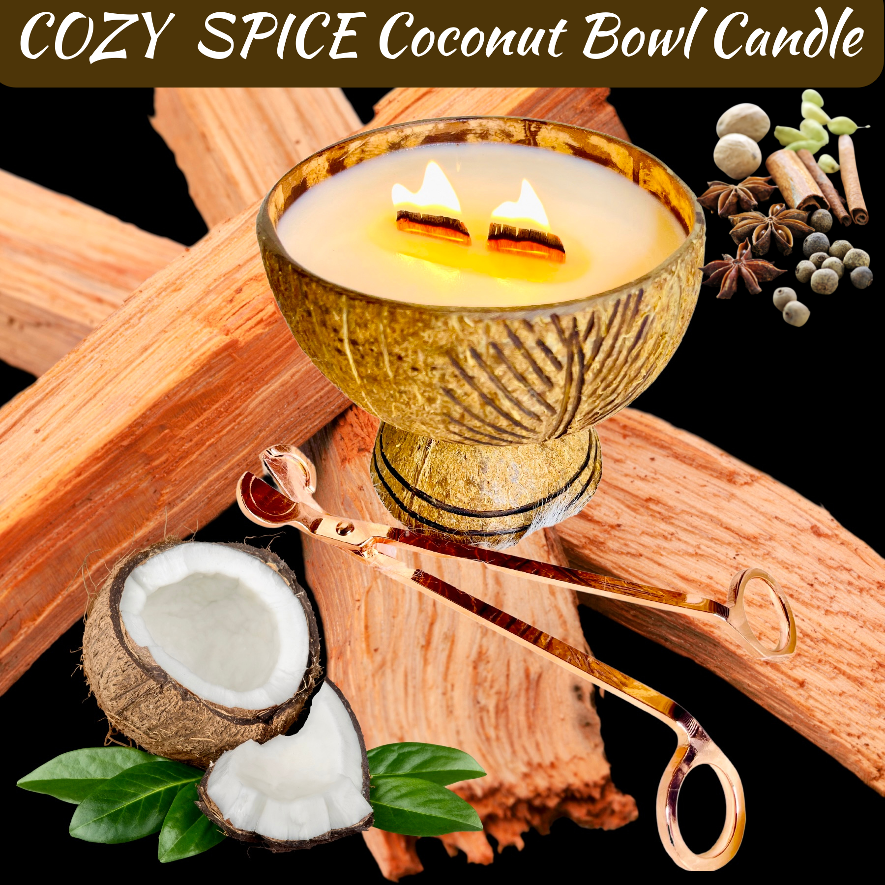 GlowAmaze - Wholesale Jar/Filled Candle - COZY SPICE Coconut Bowl Candle1