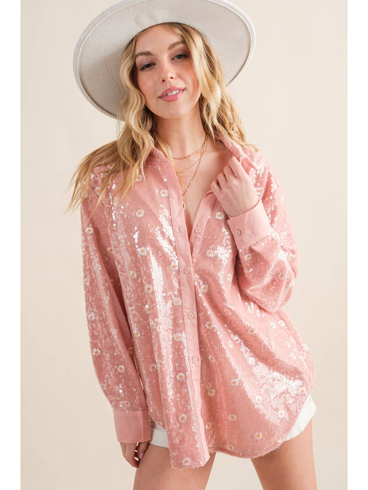 FERSKEN 34063T - Sequin Ditsy Flower Broderet Knap Up Shirt for engroshandel på Faire1