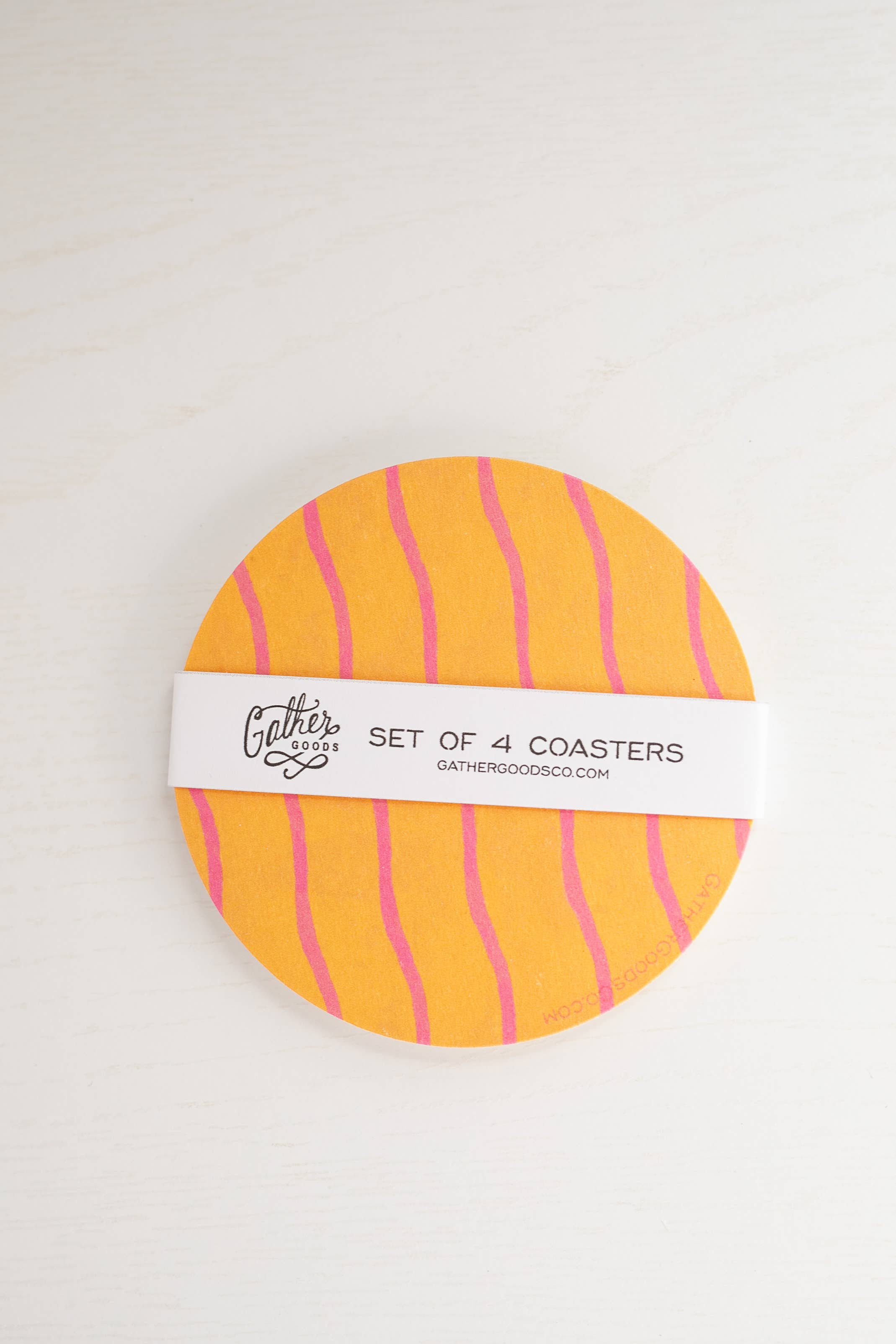 Gather Goods Co - Cards, Coasters, Tea Towels, Art, Mugs - Wholesale Coasters - Yellow & Orange Wiggly Line Striped Coaster, Set of 41