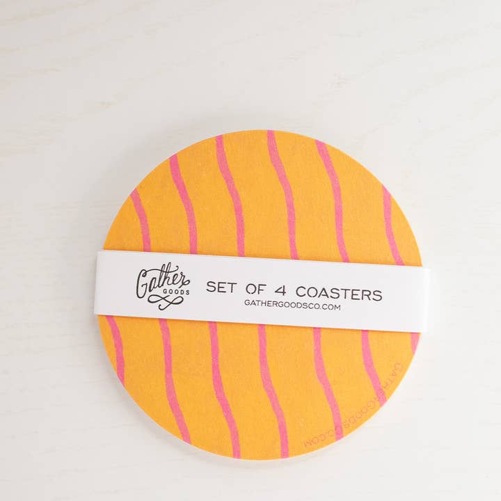 Gather Goods Co - Cards, Coasters, Tea Towels, Art, Mugs - Wholesale Coasters - Yellow & Orange Wiggly Line Striped Coaster, Set of 41