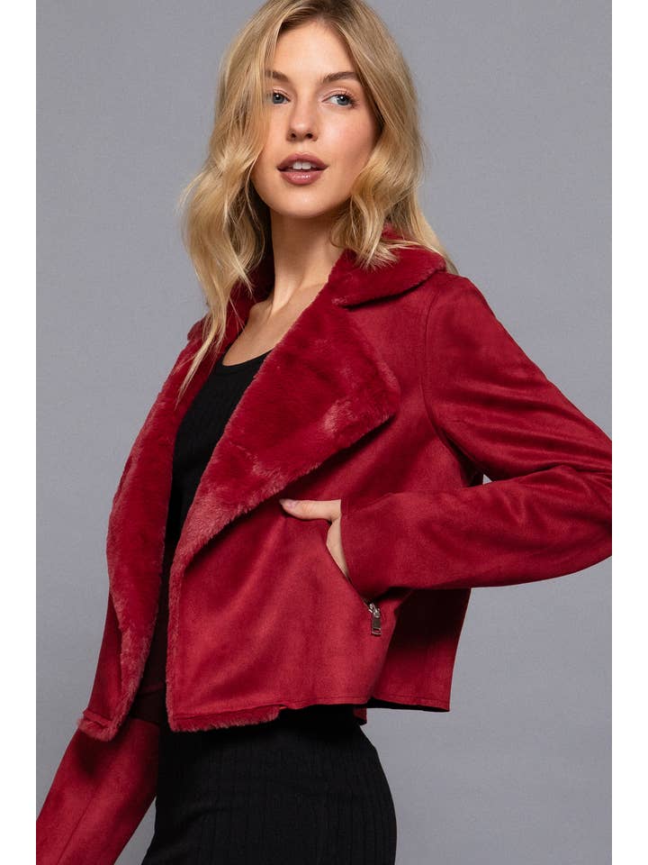 Active Basic | Active USA - Wholesale Jacket - Women's - Lapel Collar with Fur Detailed Faux Suede Biker Jacket