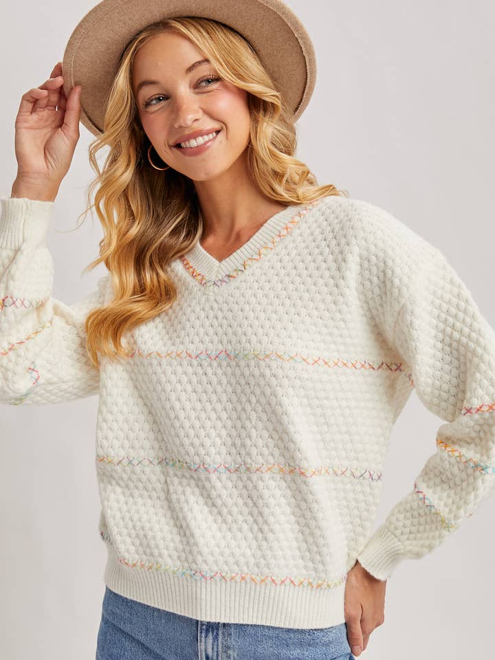 V-NECK WAFFLE KNIT SWEATER PULLOVER for wholesale by Bluivy