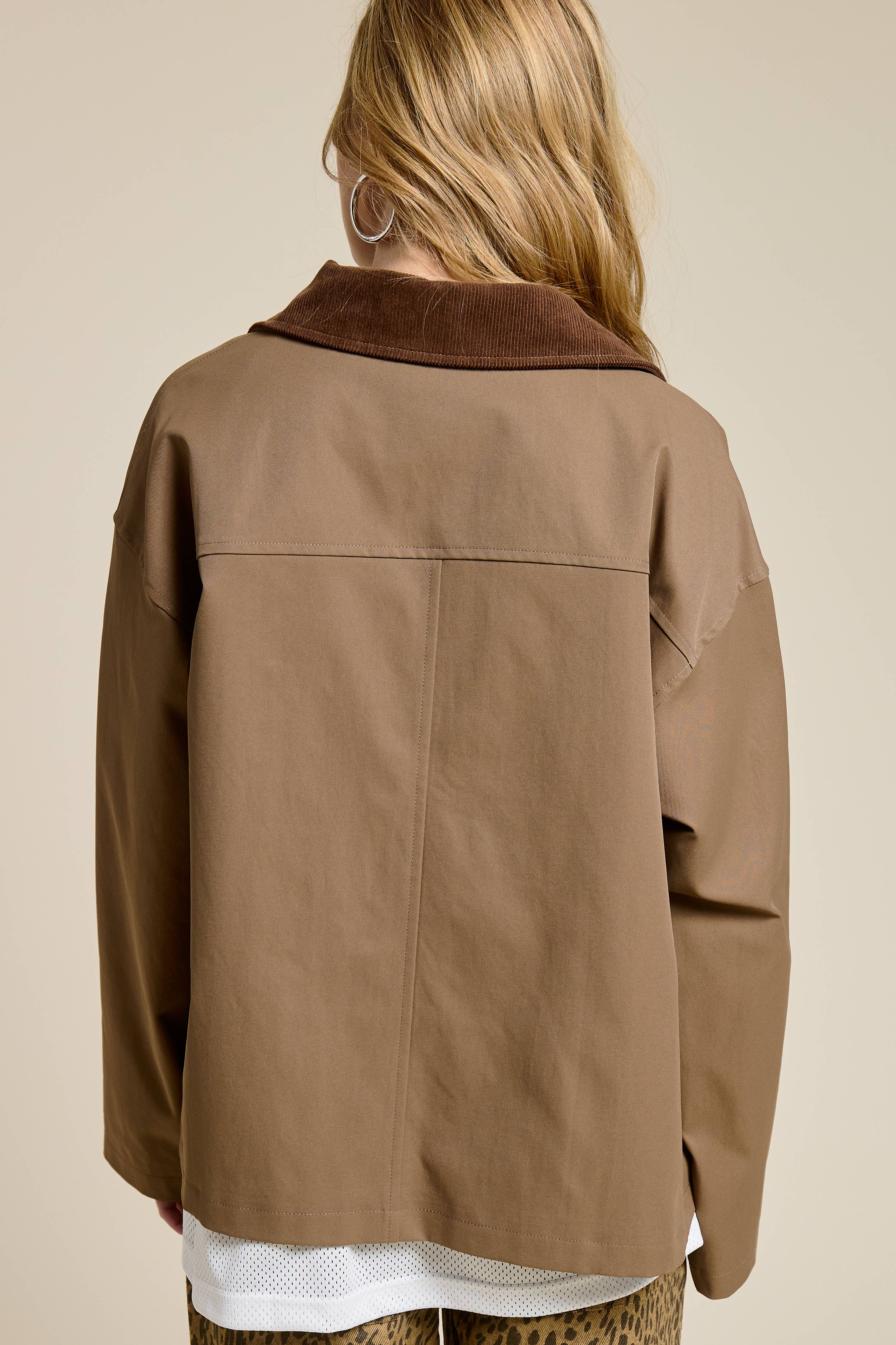 Brown Barn Jacket with Corduroy Collar and Snap Pockets for wholesale on Faire7