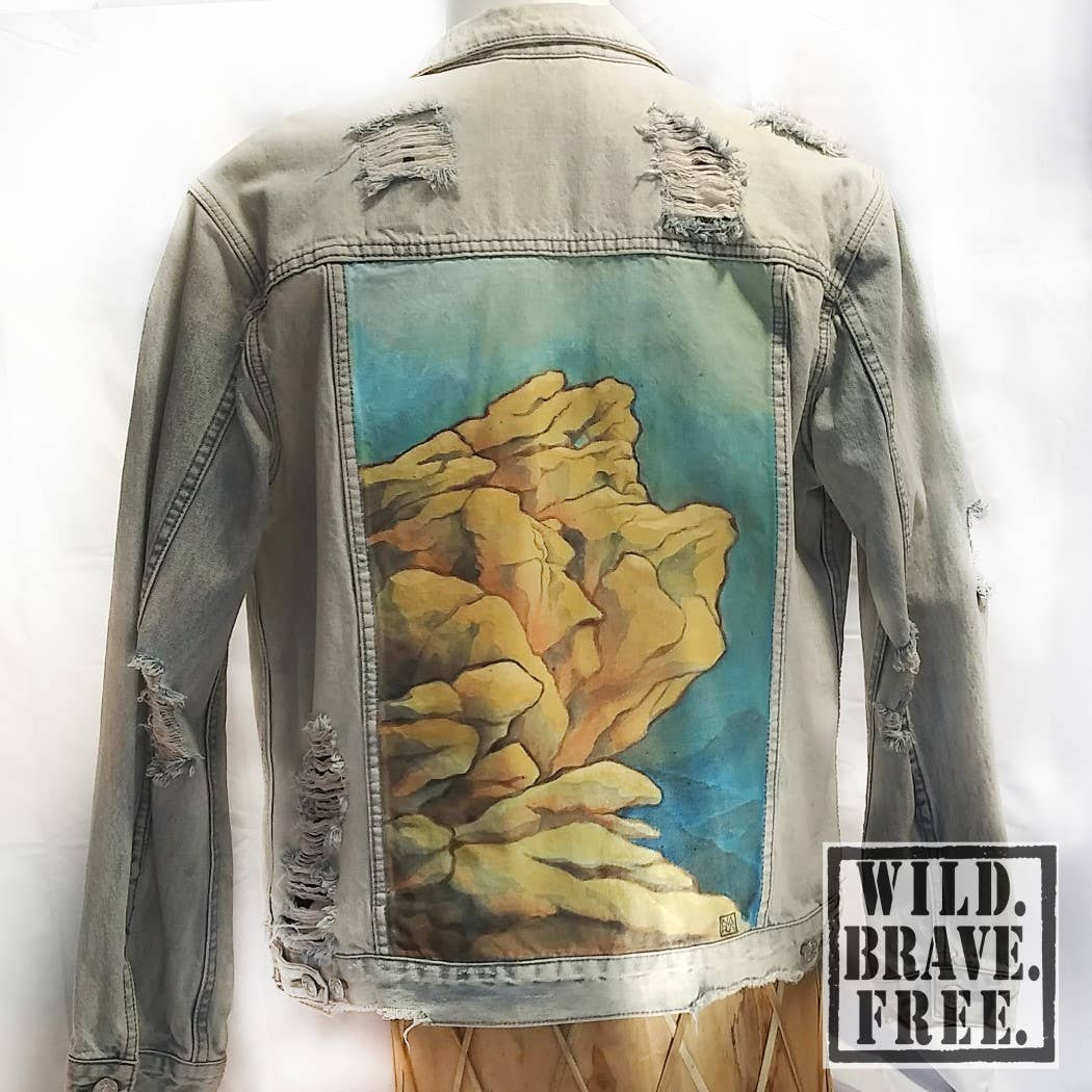 WILD. BRAVE. FREE. - Wholesale Denim Jacket - Men's - "Sky Valley" One of A Kind, Men's Denim Art Jacket (L)0