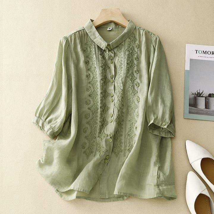 Solid Color Lapel Three-Quarter Sleeve Embroidery Retro Blouse for wholesale by UZ Wholesale Store
