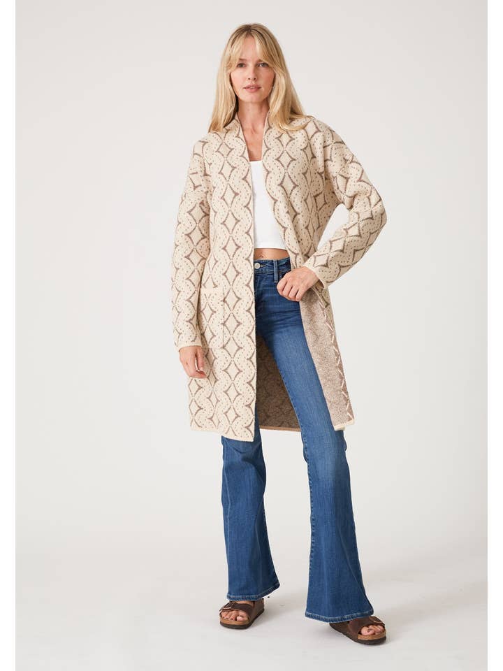 Natural Taupe Western Diamond Jacquard Belted Cardigan for wholesale on Faire