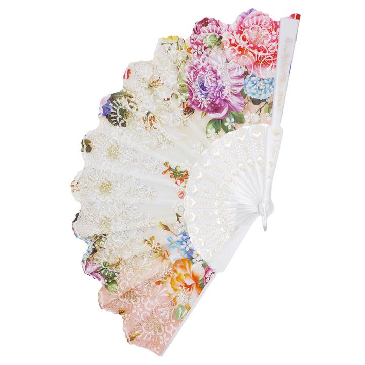 Cap Zone - Wholesale Handheld Folding Fan - Peony Lily Gold Glitter Handheld Folding Fan