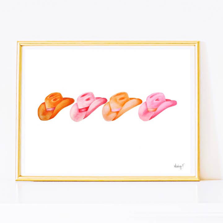 Print | Row of Hot Pink and Orange Cowboy Hats Watercolor | Coastal Cowgirl Southern Rustic Western Colorful Fun Dorm Room Poster Decor for wholesale by Shop Art by Audrey