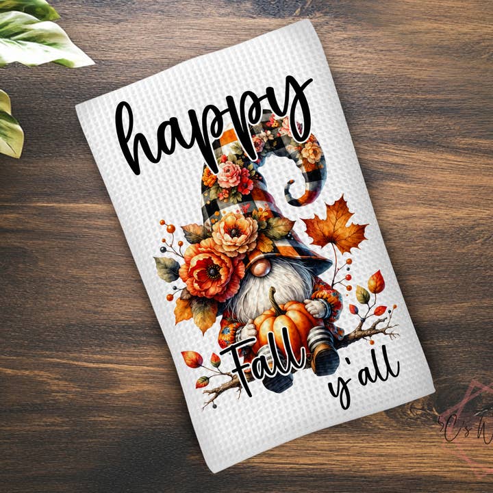 Happy Fall Y'all Gnome Dish Towel for wholesale by 5C's Wholesale