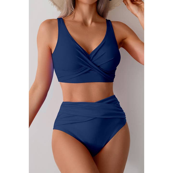 Supreme Fashion - Wholesale Two Piece Swimsuit - Women's - Solid Ruched High Waist Cross Push Up Swimsuit3