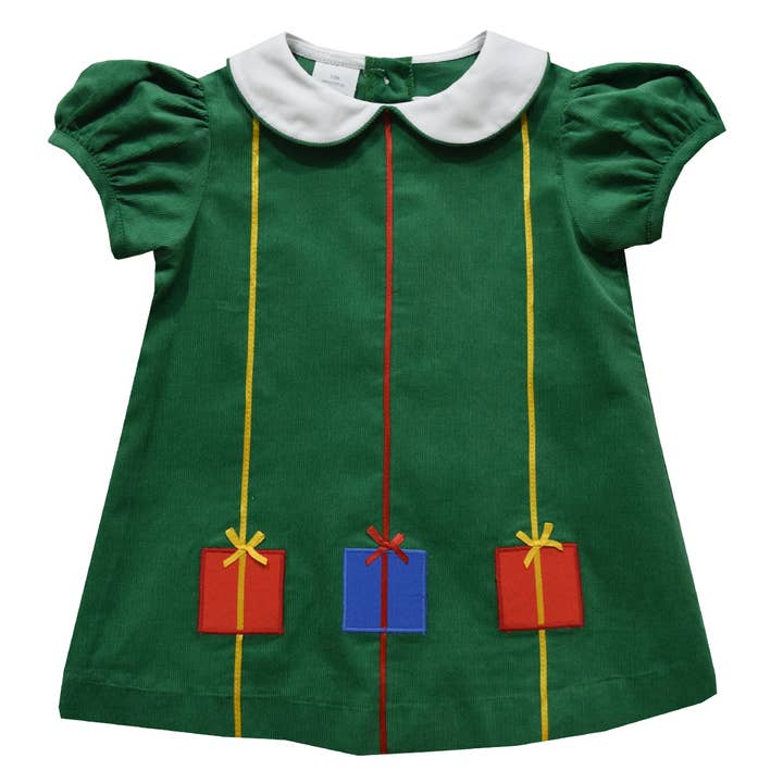 Presents Applique Corduroy Puffy Short Sleeve A Line Dress for wholesale by Vive La Fete