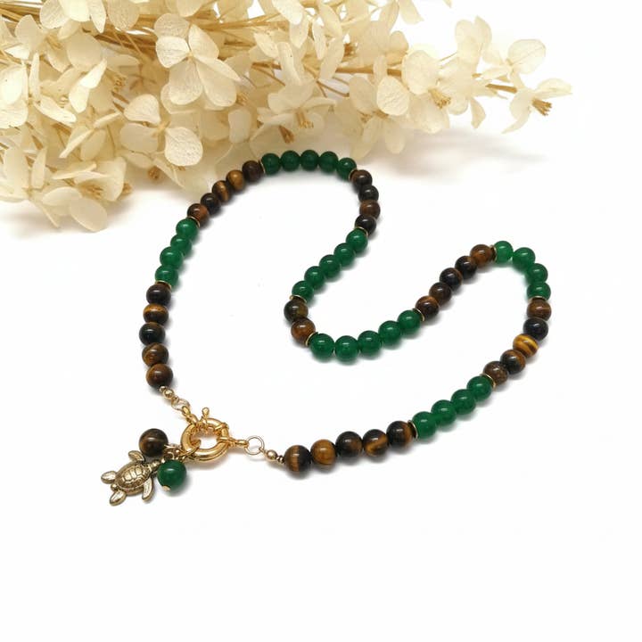 Ketting van tijgeroog en groene jade voor wholesale door Produtos Namasté