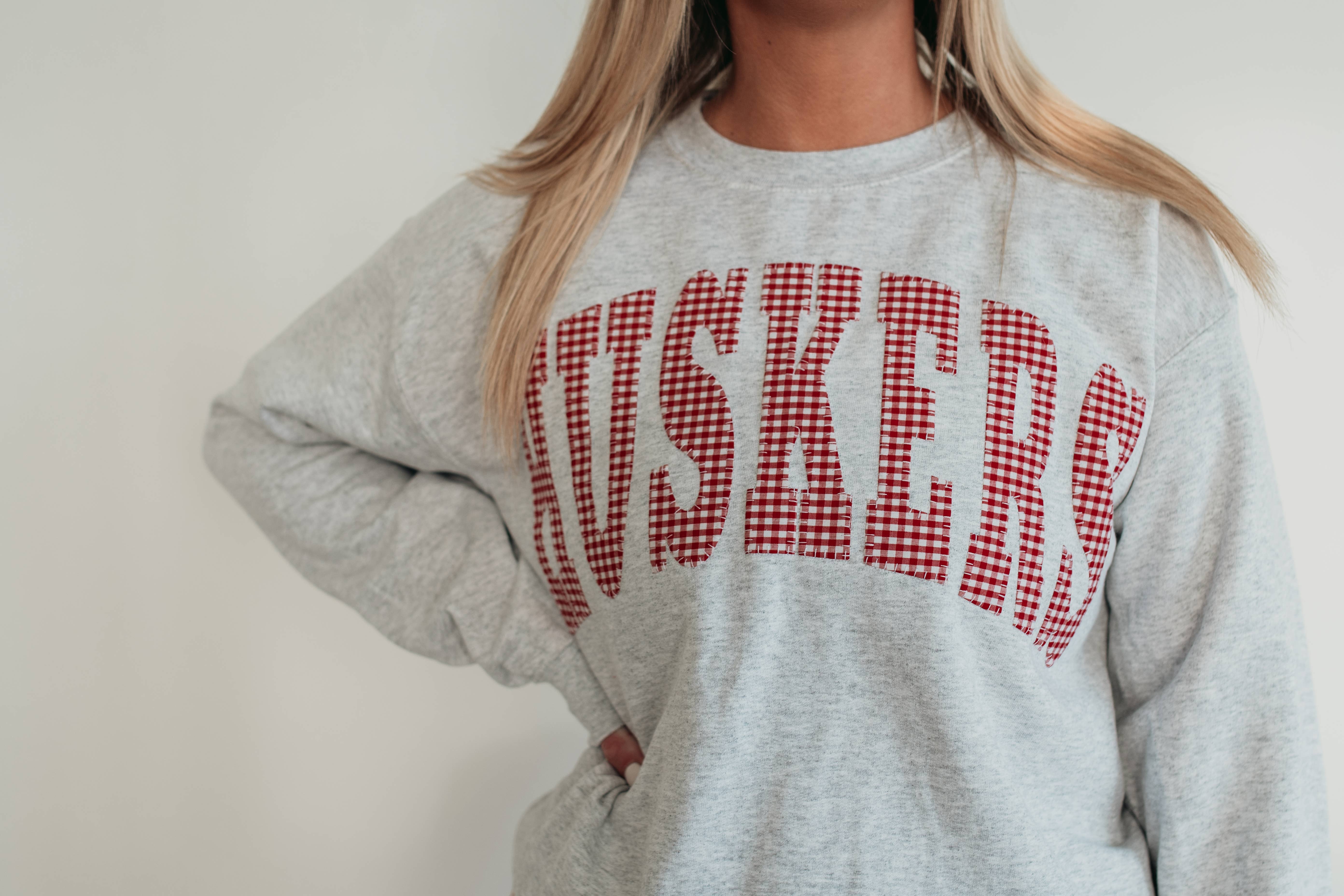h.flynn - Wholesale Hoodie - Women's - RED GINGHAM HUSKERS APPLIQUE - ASH GREY CREW1