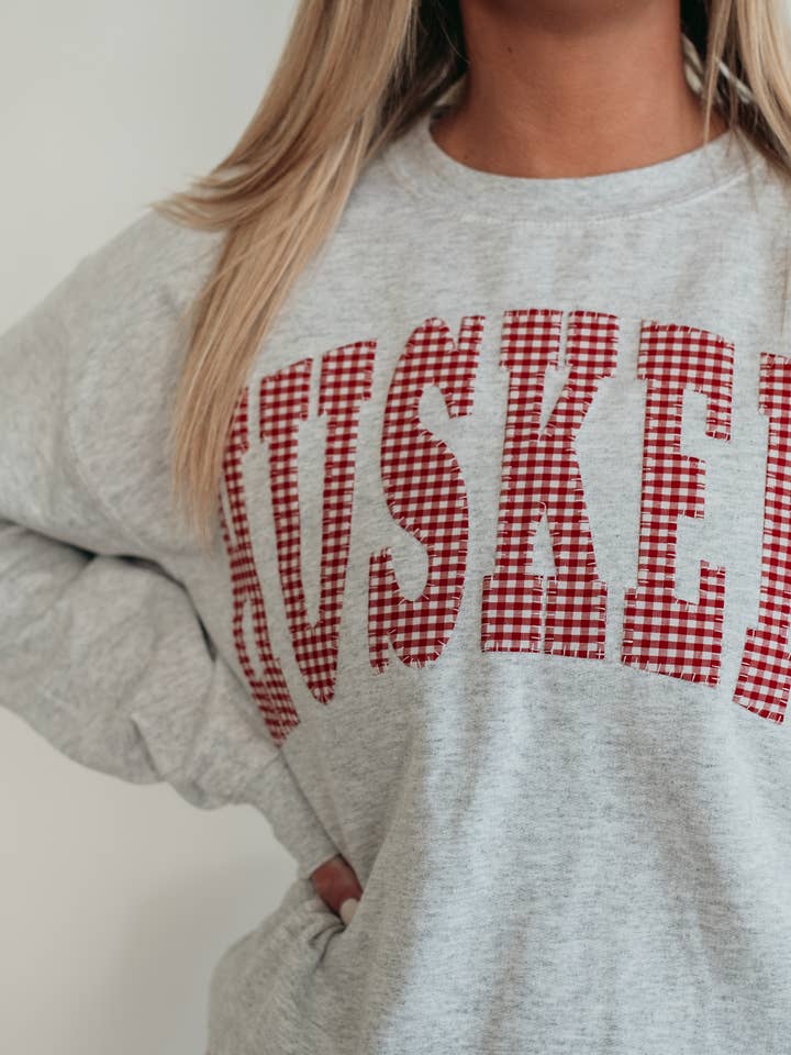 h.flynn - Wholesale Hoodie - Women's - RED GINGHAM HUSKERS APPLIQUE - ASH GREY CREW1