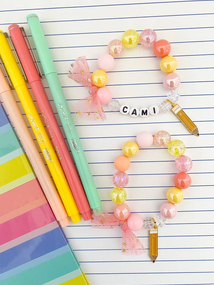 Back to School Pencil Kids Beaded Charm Bracelet for wholesale by The Rainbow Mermaid