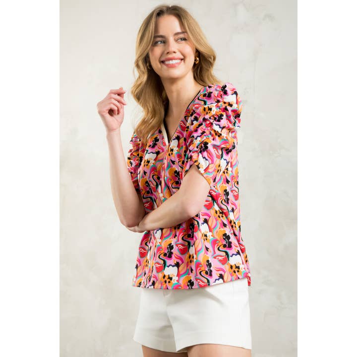 Top mit V-Ausschnitt und Rüschenärmeln und Aufdruck für den Großhandel von THML