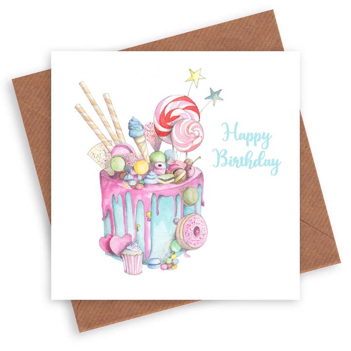 Biglietto di Auguri ad Acquerello – Design di Torta Deliziosa Stampata di Lusso con Busta in Carta Kraft per la vendita all'ingrosso da parte di Crumble & Core