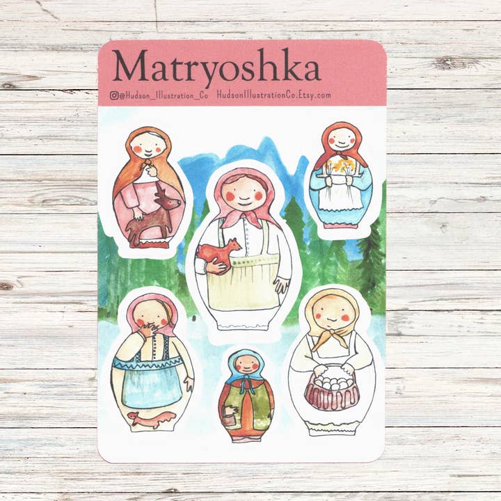 Matryoshka Nesting Doll Sticker Sheet for wholesale by Hudson Illustration Co - About Town Co