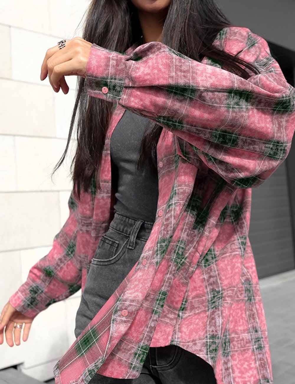 Dipped Shop - Wholesale Button Down Shirt - Women's - Vintage Plaid Long Sleeve Loose Shirt DP25E5587