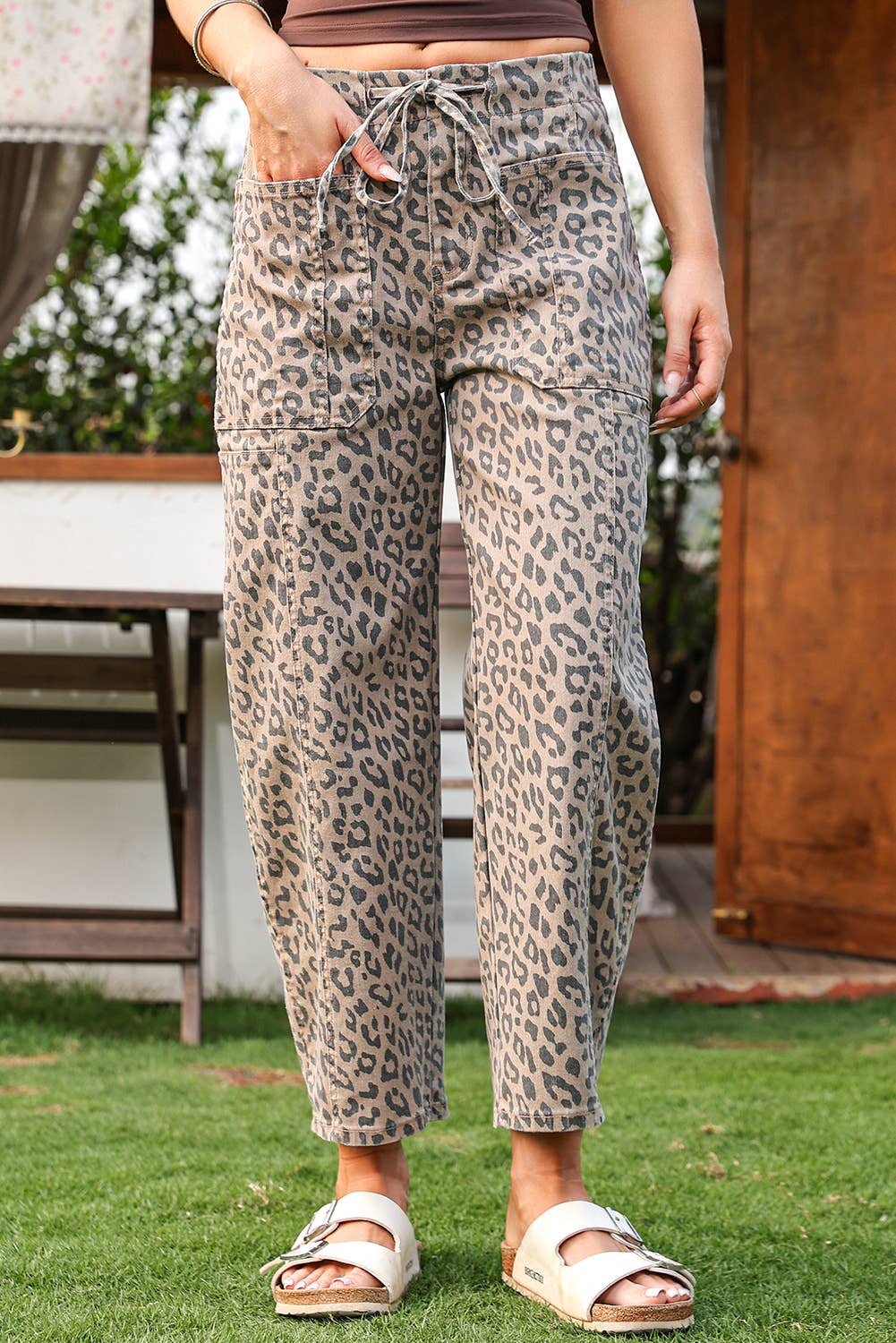 As shown Fashion-W Leopard Drawstring Waist Pocketed Wide Leg Jeans for wholesale on Faire6