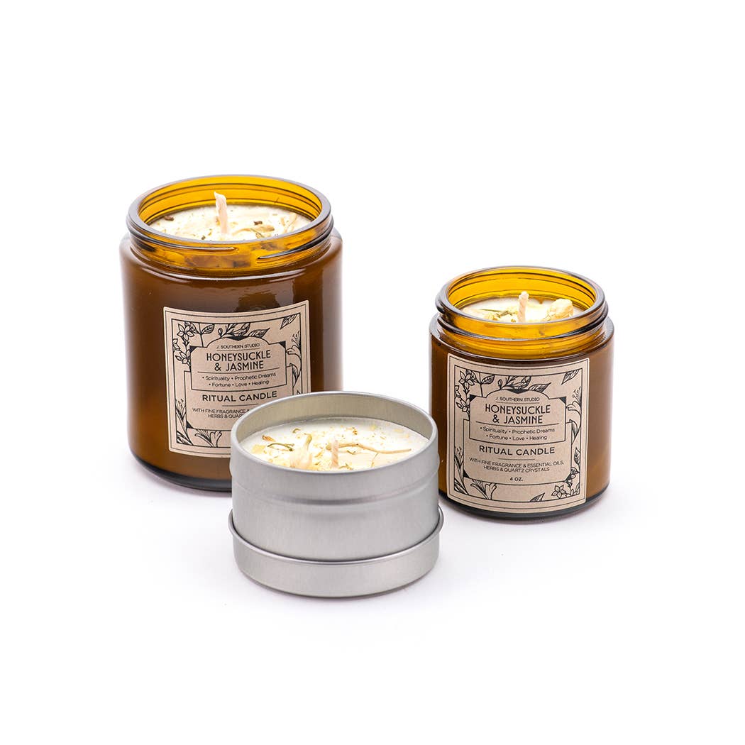 J. Southern Studio - Wholesale Travel Candles - Travel Tin Honeysuckle & Jasmine Ritual Candle with crystals and essential oils- 4 oz.1