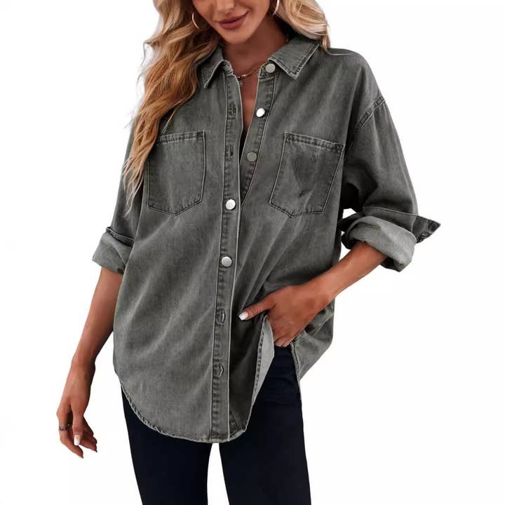 Masyal - Wholesale Button Down Shirt - Women's - Women's Casual Loose Denim Shirt with Turn-Down Collar6