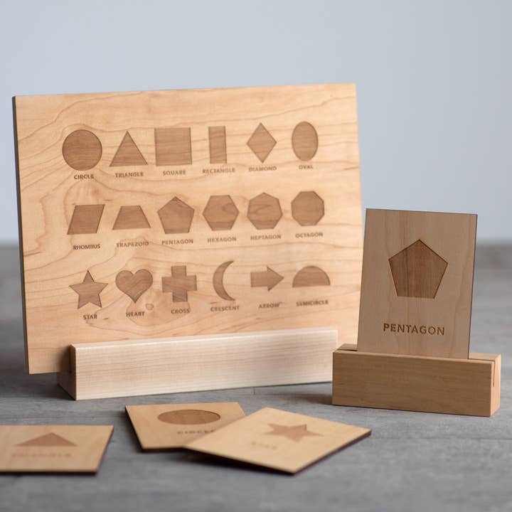 Gladfolk - Wholesale Learning Cards - Kids & Baby - Wooden Shapes Flashcards & Stand • Engraved Geometry Cards