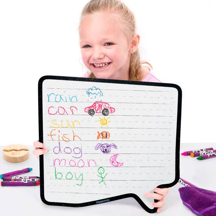 Speech Bubble Wipe-Away Crayon Board w/ Crayons. Mess-Free Dry-Erase for Kids Ages 2-8! Case of 12 for wholesale by Doodleface