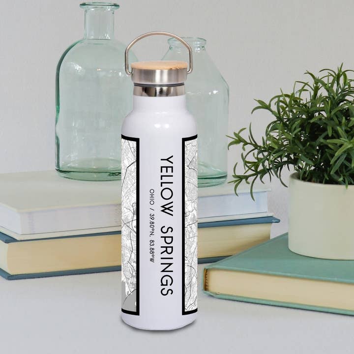 Yellow Springs OH Map Bottle with Bamboo Top in Classic for wholesale by JACE.design