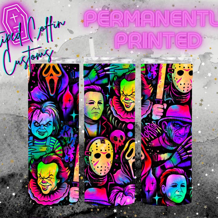 Neon Horror Tumbler for wholesale by Striped Coffin Customs