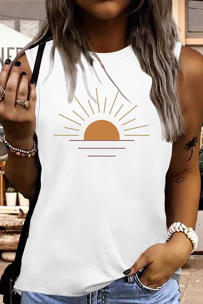 UNISHE – wholesale Tank top – Women′s – Sunshine Print Graphic Round Neck Tank Top STC125D532