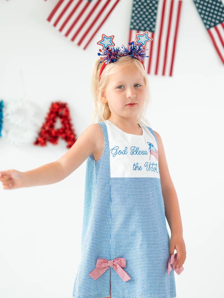 Posh Pickle - Wholesale Dress - Kids - God Bless the USA Seersucker Check Embroidered Kick Pleat Dress