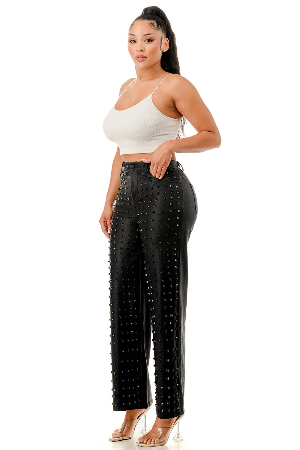 SALT - Venta al por mayor Pantalones - Mujer - Pantalones de Pierna Ancha con Tachuelas Negros (SP5047)7