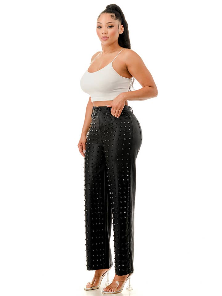 SALT - Wholesale Pants - Women's - (SP5047)Studded Black Wide-Leg Pants7