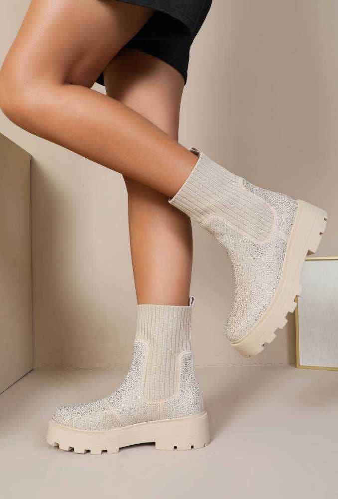 Joia Paris – Botins - Mulher por atacado – Botas rasteiras elásticas de cano curto com strass decorativo WZ-783