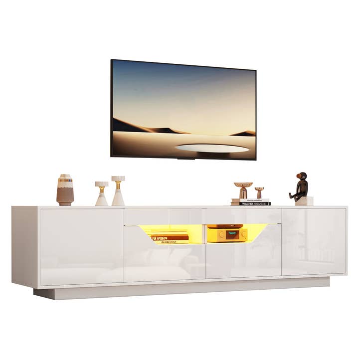White high gloss TV stand with LED lighting and multi storage UNITSCAPE for wholesale by Urban Meuble UK