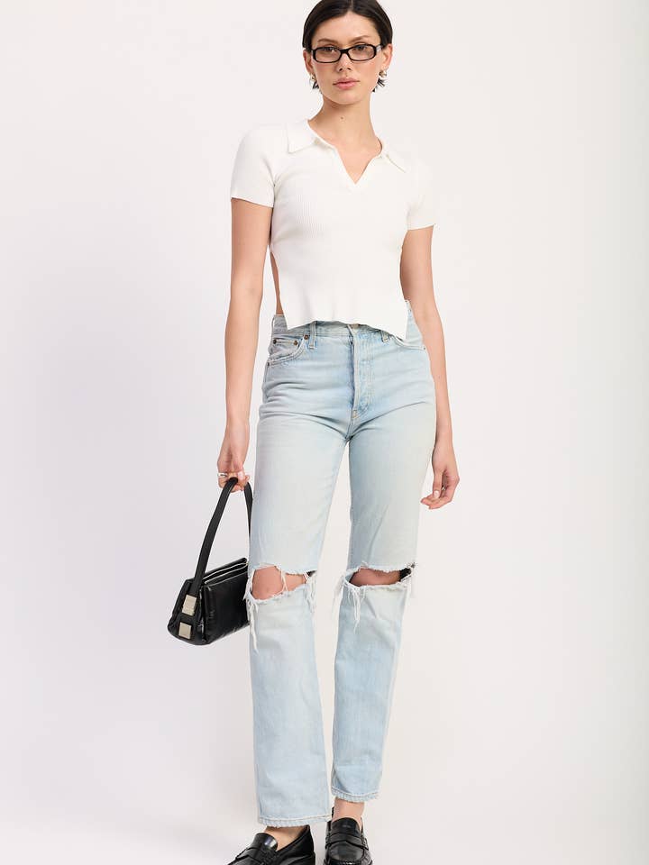 Emory Park - Wholesale Knit Top - Women's - COLLARED SHORT SLEEVE TOP WITH OPEN BACK