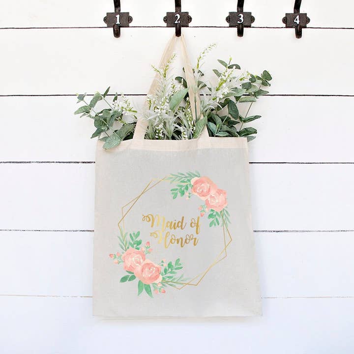 Maid Of Honor roze en gouden peony Tote bruidsmeisje cadeautas voor wholesale door Rising Tide Vintage