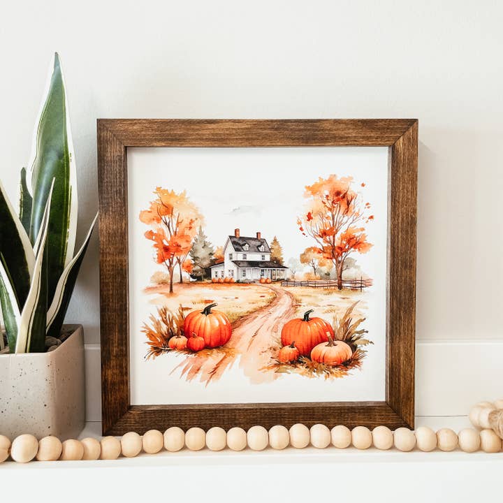 Panneau en bois encadré à l'aquarelle Autumn Farm pour la vente par Knotty Design Co.