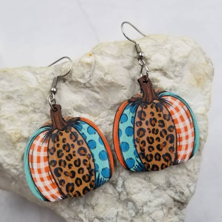 Wooden Leopard Pumpkin Fall Earrings for wholesale by The Pretty Jewellery